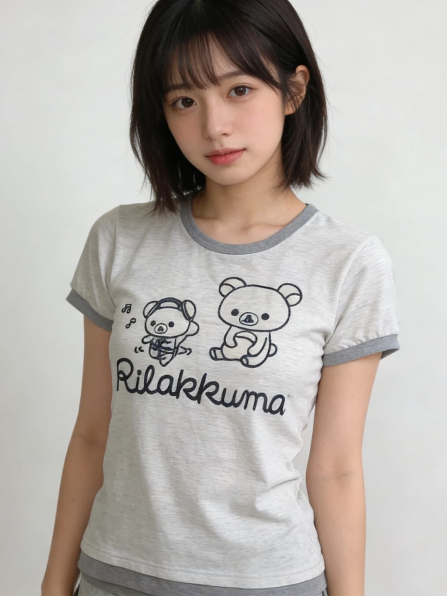 Cute Grey Bear Short Sleeve Top with Waist Cinch Fake Two-Piece Summer T-Shirt for Lazy Girls Soft Comfortable Female Clothing