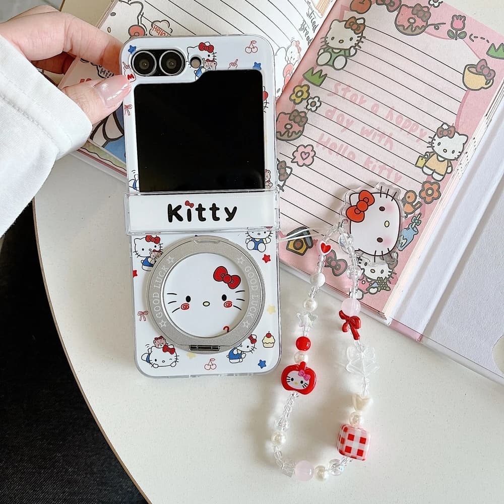 Cappello alla Moda con Fiocco Sanrio Hello Kitty, Design Cartoonesco Carino 360 ° Custodia per telefono con supporto girevole per Samsung Galaxy Z Flip 7 6 5 4 con cordino