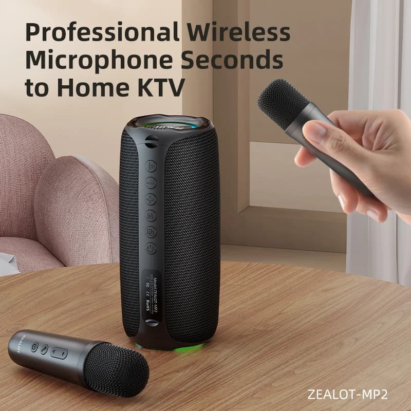 zealot-mp2 Karaoke Machine Portable Bluetooth Speaker with 1-2 Wireless Microphone IPX5 Waterproof 360° Wireless Speaker