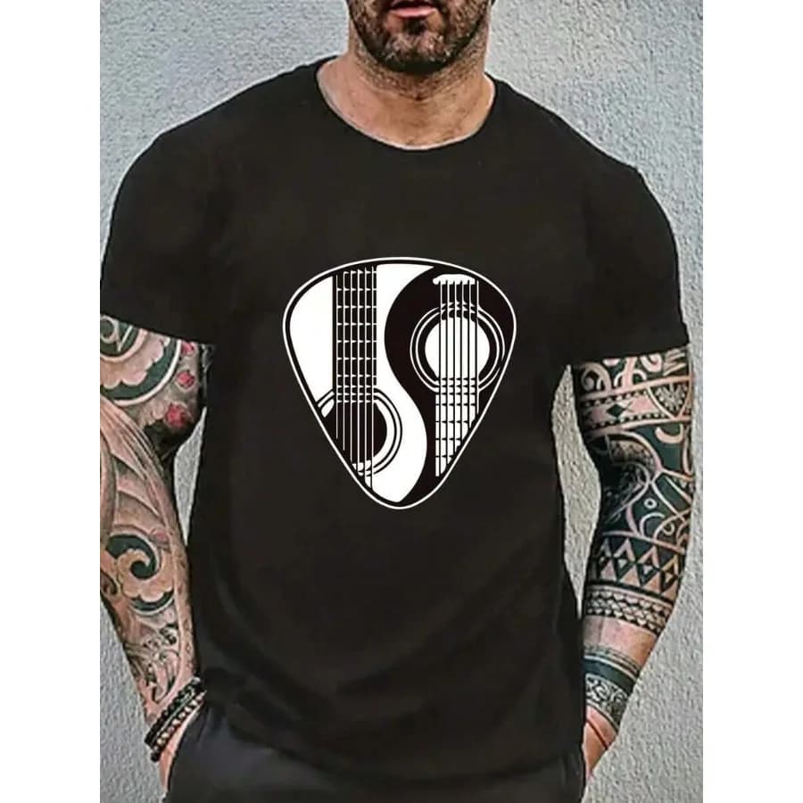 【Nuovo arrivo】T-shirt con grafica Yin Yang Musician per chitarristi | T-shirt a maniche corte in cotone nero con stampa chitarra acustica