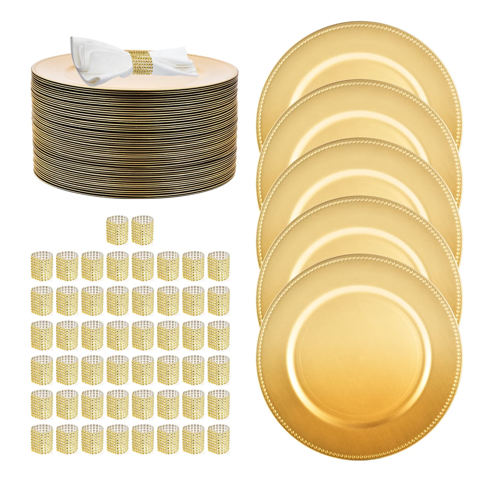 Piatti caricabatterie dorati Set caricabatterie per matrimoni da 50 piatti decorativi dorati da 13 pollici con porta anelli per tovaglioli