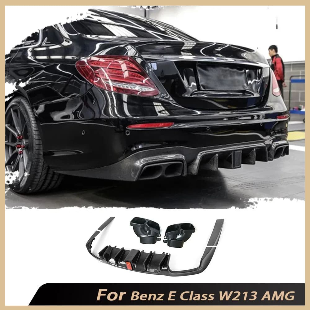 For Benz E Class W213 E200 E260 E300 E63 AMG 2017 2018 2019 Body Kit Carbon fiber rear bumper lip diffuser with light