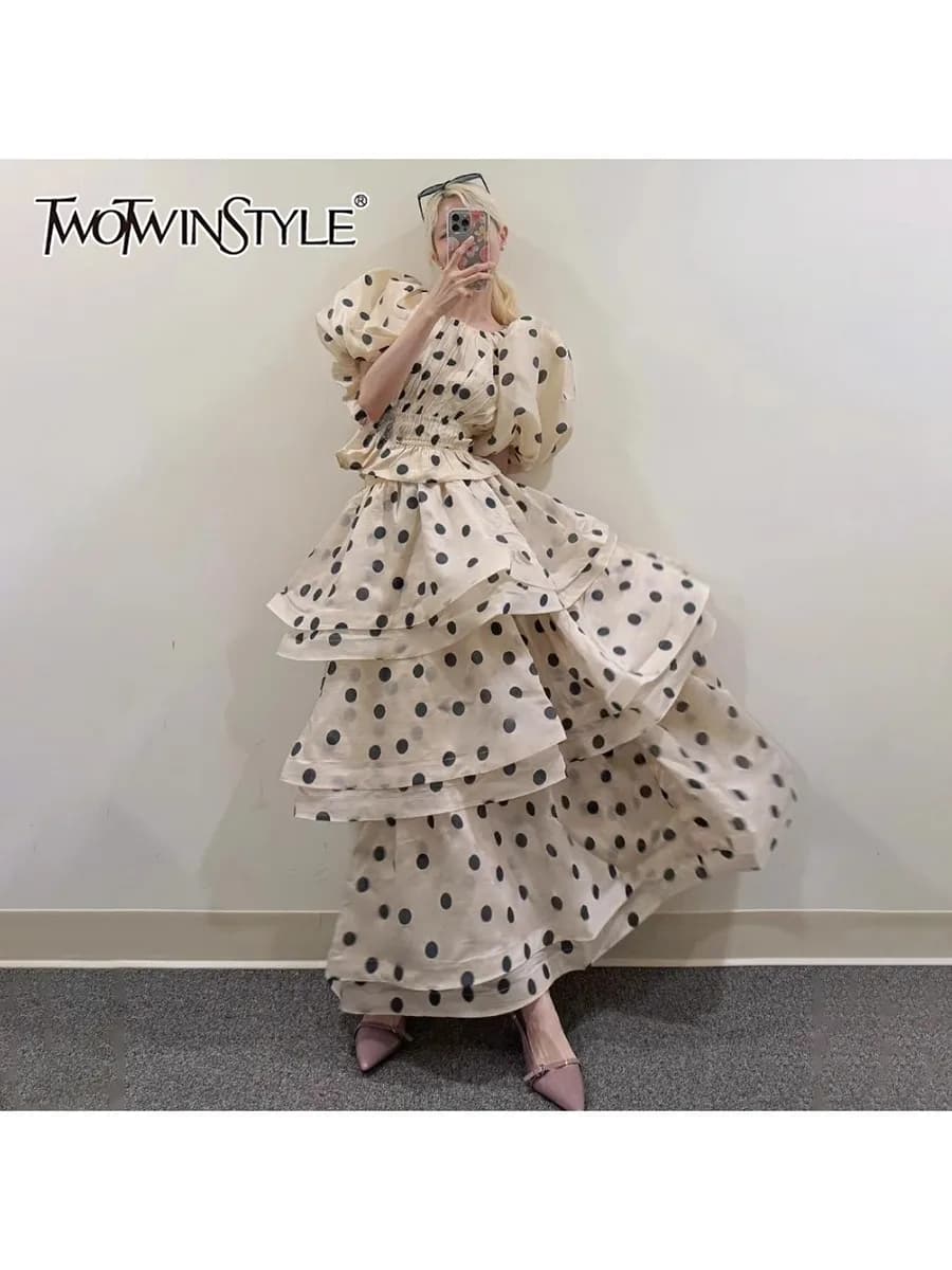 TWOTWINSTYL Hit Color Polka Dot Set a due pezzi per le donne O Collo Manica corta Top Vita alta Temperamento Gonna Imposta Moda femminile