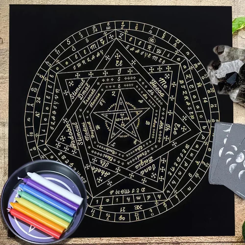 Tovaglia per carte dei tarocchi Sigillum Dei Aemeth Ruota dello zodiaco Grafico dell'astrologia Panno per altare Tarocchi Spread Panno Gioco di carte Pad