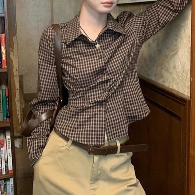 Camicia cinched in vita scozzese Top Nuova camicia slim fit scozzese corta dal design autunnale a maniche lunghe