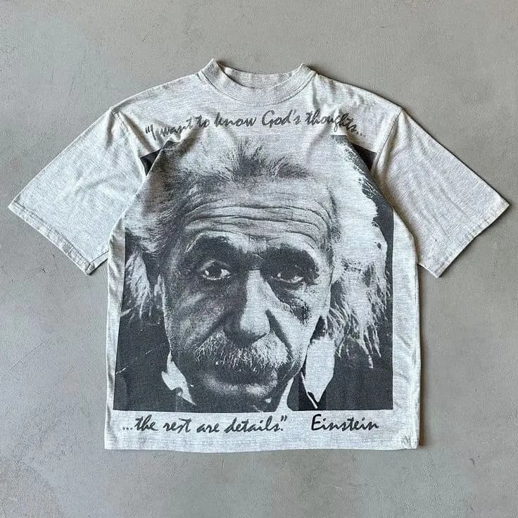 American Retro High Street Einstein Scientist Quotes Oversize Short Sleeve T-Shirt Cotton Breathable round Neck Men's T-shirt