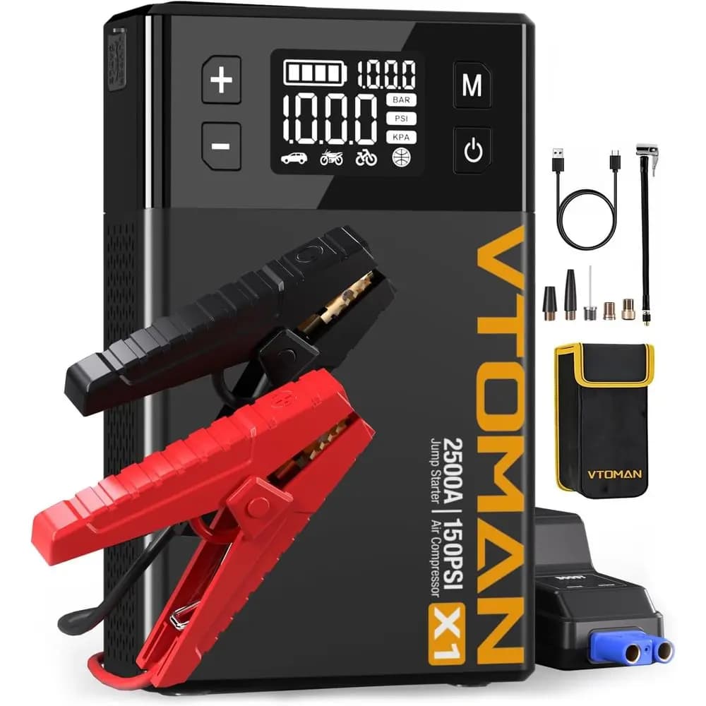 Avviatore di Emergenza Portatile 12V al Litio con Compressore d'Aria per Motori Benzina fino a 8.5L/Diesel fino a 6L e Gonfiaggio Pneumatici 150PSI