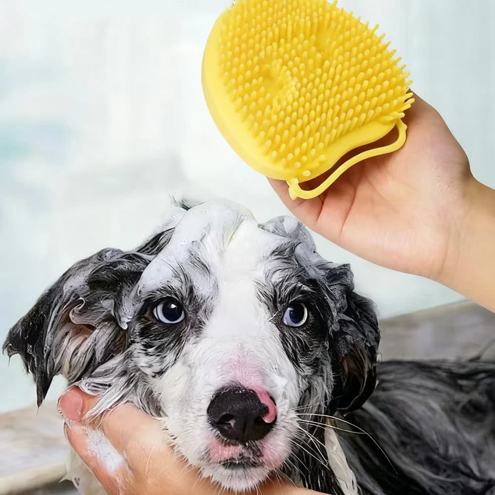 Spazzola per massaggio da bagno per animali domestici, per cuccioli, cani, gatti, per toelettatura, pulizia morbida (giallo)