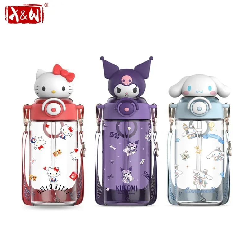 X&W Kawaii Sanrio Dolls Straw Cup 650ml Cartoon Hello Kitty Kuromi Plastic Water Bottle Outdoor Sports Cold drink cup Kids Gift