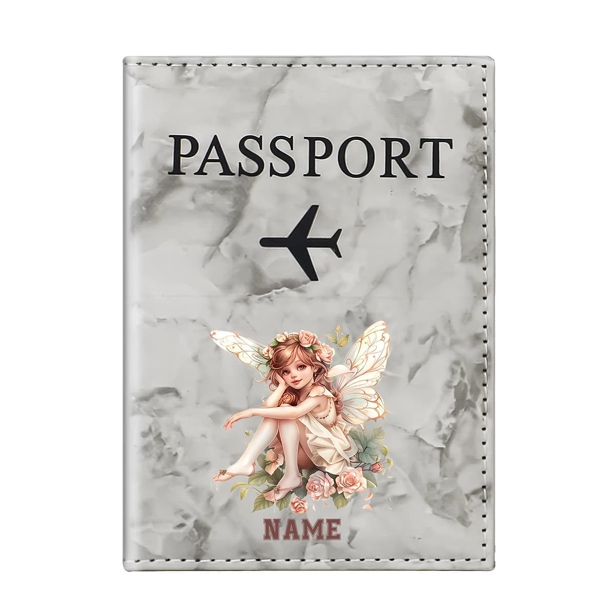 Custom Name Exquisite Angel Illustration PU Passport Holder, Dreamy Angel Holding Bouquet Design for Personalized Travel Accesso