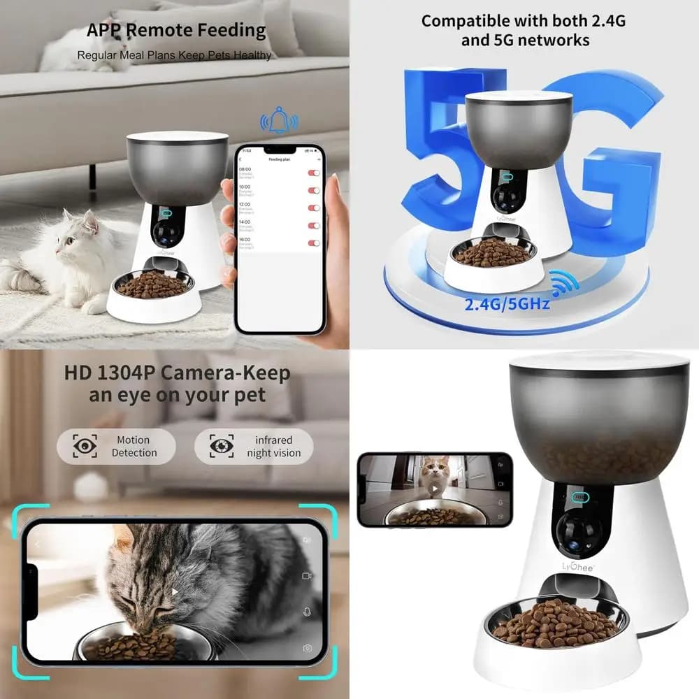 Distributore Automatico di Cibo per Animali da 4L con Telecamera HD 1304P, Visione Notturna, WiFi 5G, Audio Bidirezionale e Controllo tramite App