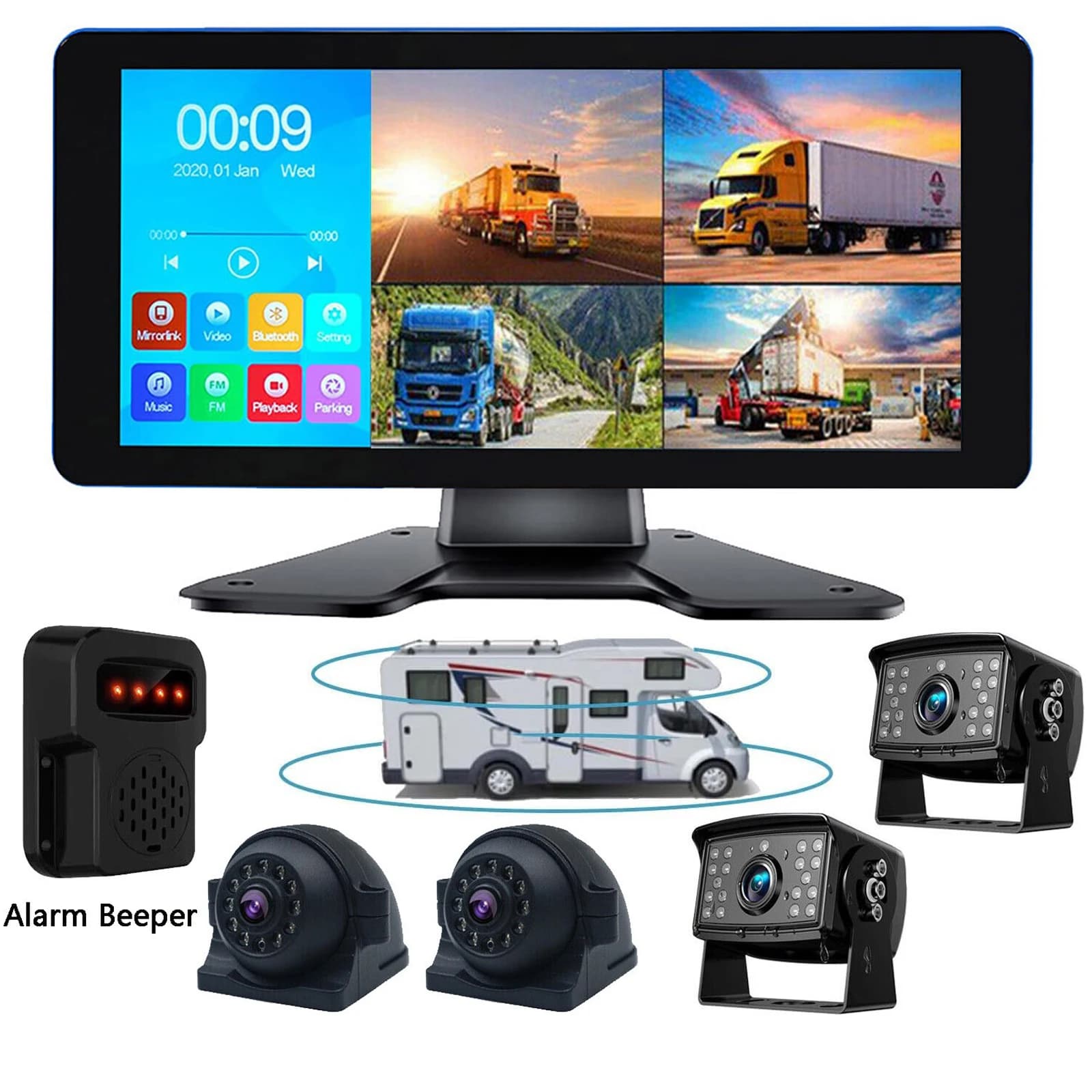 Lastbus 10.36 "Touchscreen DVR Quad Monitor 4ch 360 View 1080P Lati frontali Vista posteriore Telecamera di backup con segnale acustico di allarme BSD per camper