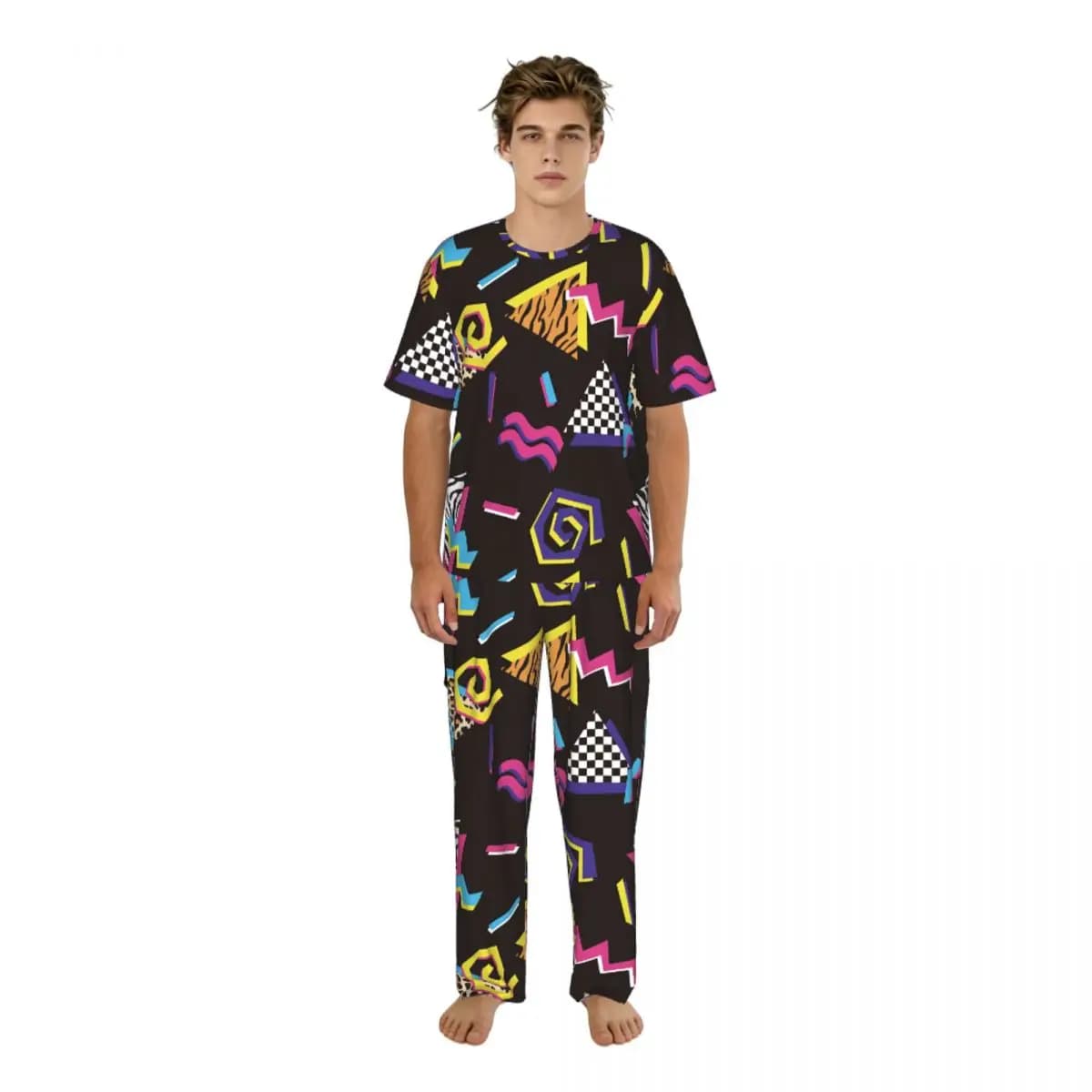 Men's short sleeve pajamas and long trousers with abstract shapes and animal prints, 90's style, summer home dress set