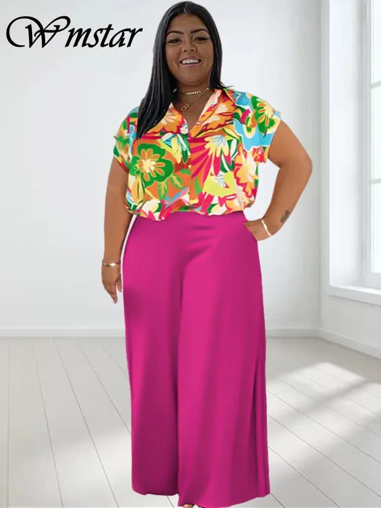Wmstar Plus Size set di due pezzi abbigliamento donna t-shirt stampate top e pantaloni solidi tasche a gamba larga Dropshopping all'ingrosso