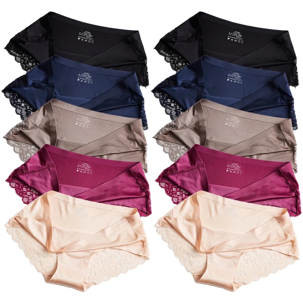 Women's Panties Exquisite Lace Underwear Sexy Lingerie Big Size Sweet Silk Satin Briefs Soft Cozy Underpants 10 PCS/Set