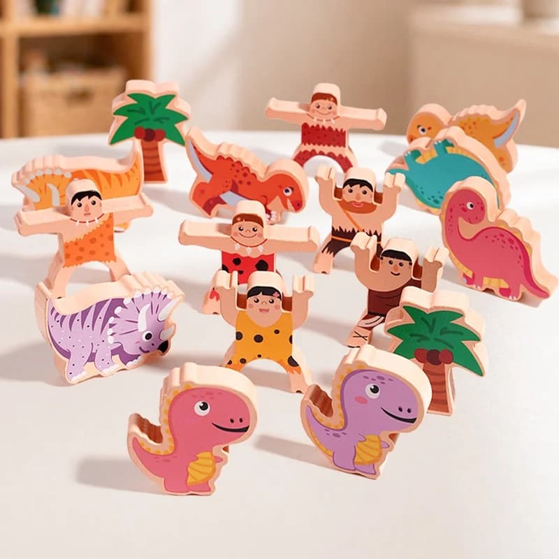 Primitive Dinosaur Balance Stacking Blocks, Wooden Educational Toy, Kids Early Learning Puzzle Game for Boys Girls