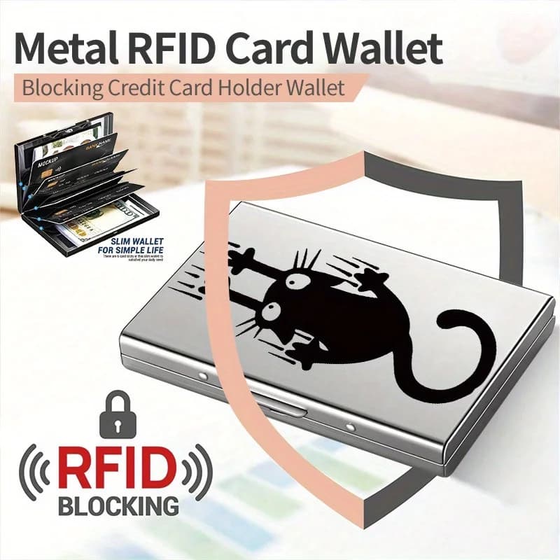 Portafoglio con lettere in metallo RFID con motivo antigraffio gatto cartone animato nero, porta carte durevole e compatto, accessorio alla moda