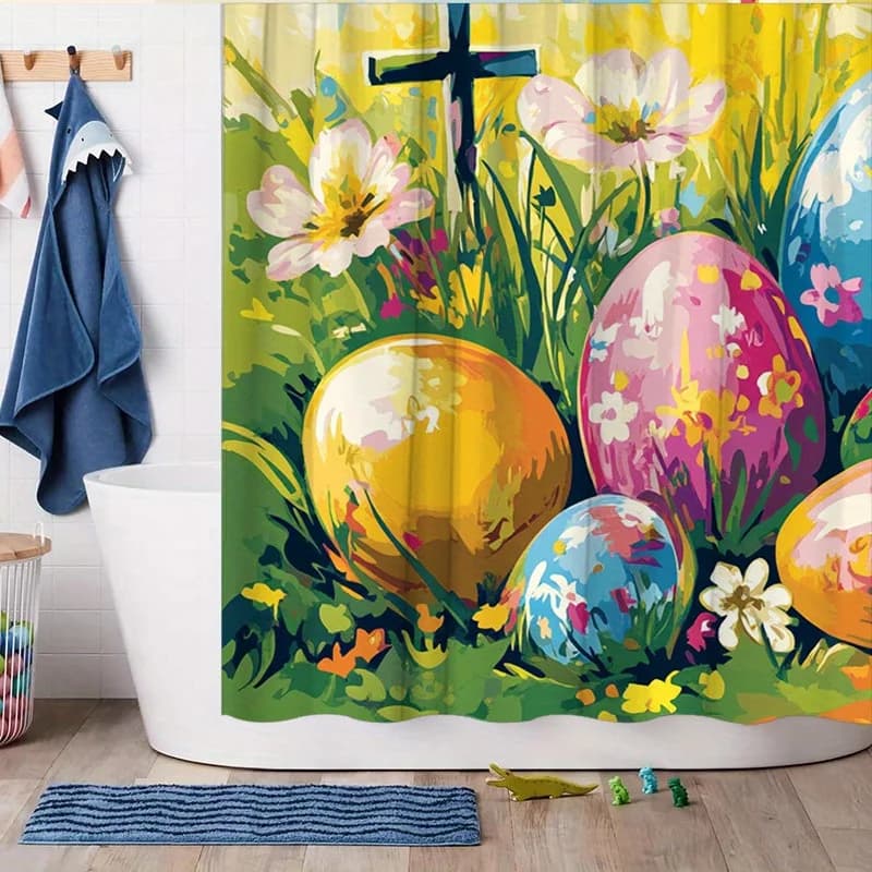 1 tenda da doccia con uova di Pasqua - floreale colorato e croce, design stravagante, poliestere, 70,8x70,8", 12 ganci, lavabile
