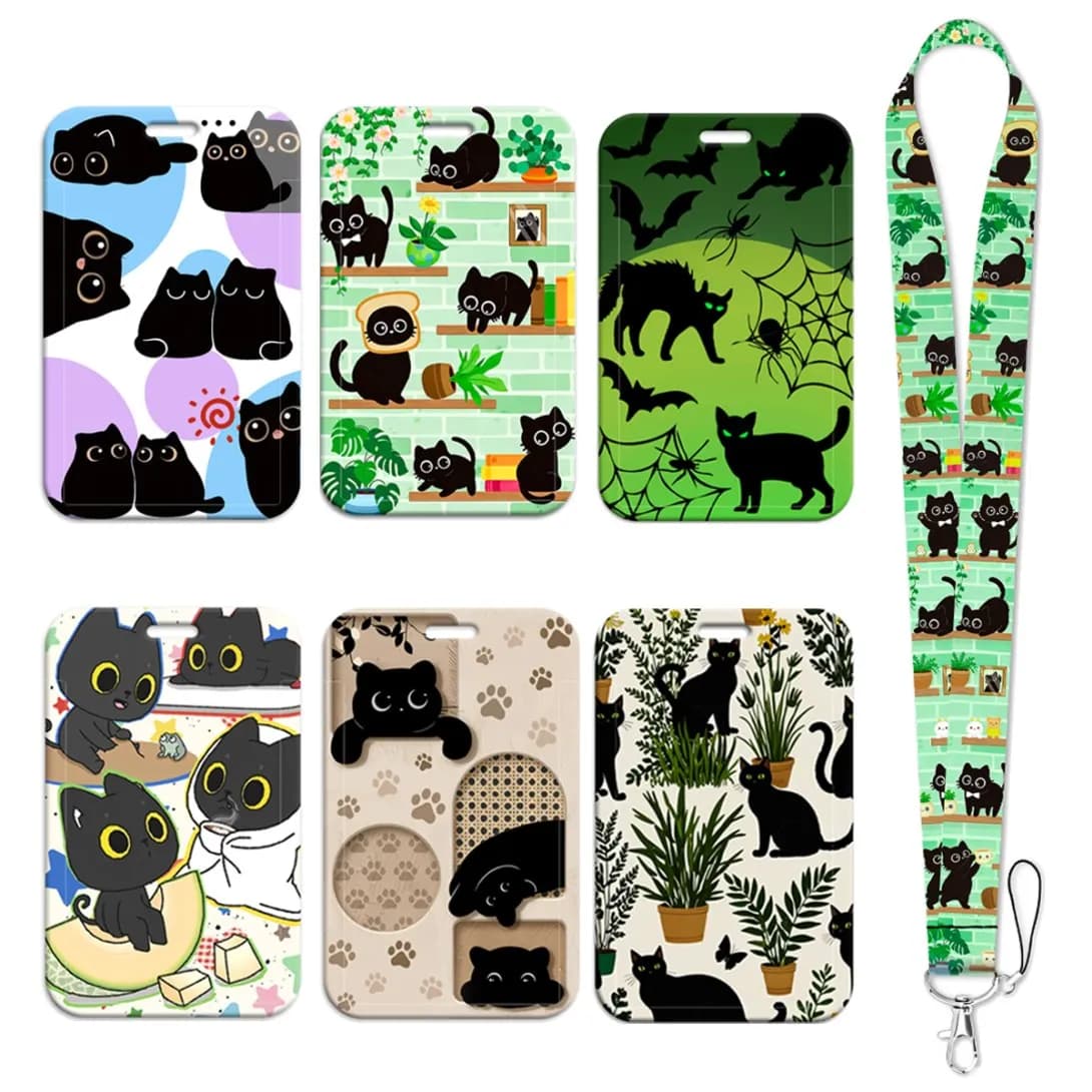 Kawaii Black Cat Lanyards Keychain Green Badge Holder ID Credit Card Pass Hang Rope Lariat Lanyard for Keys Accessories Gifts