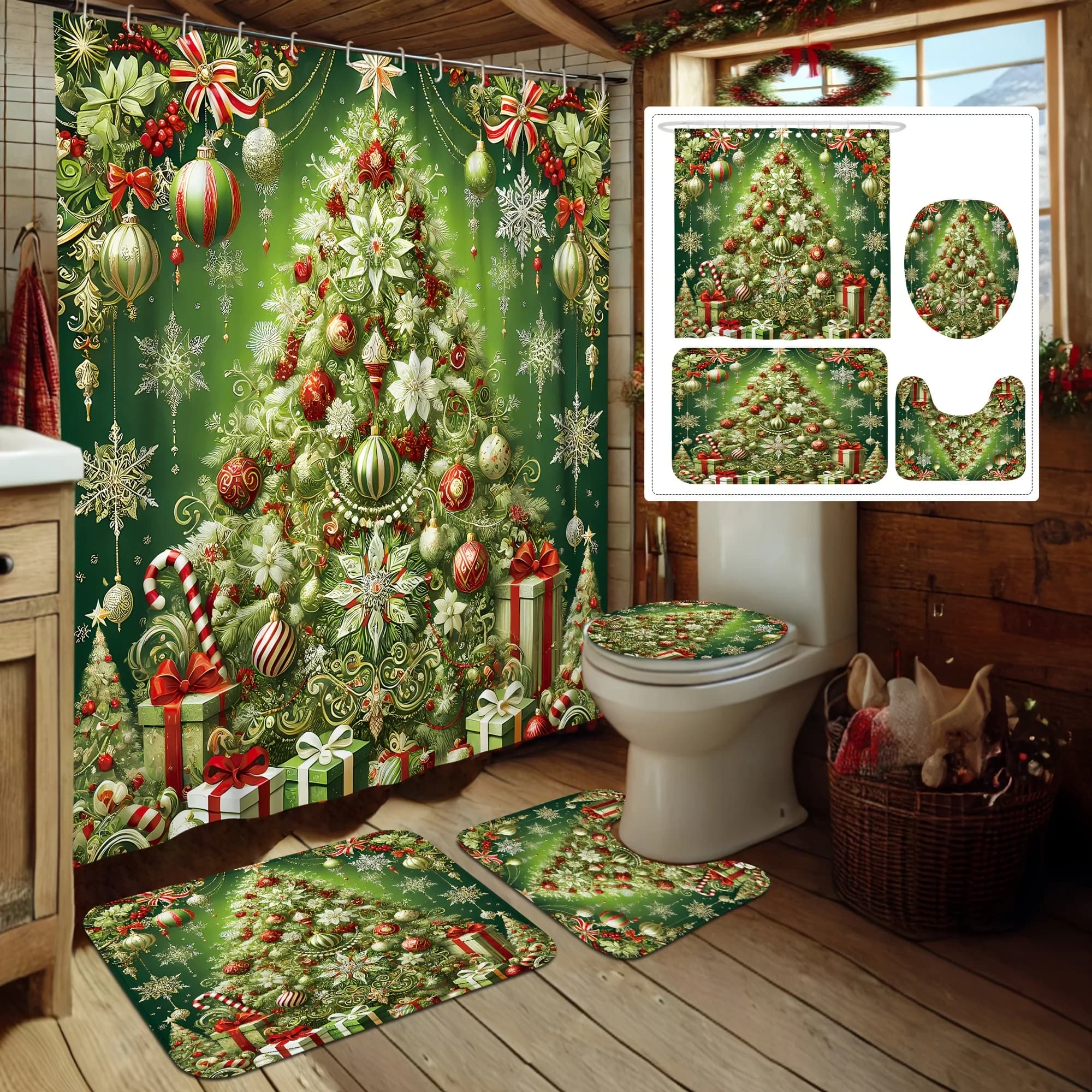 Set doccia natalizio da 4 pezzi, fiocchi di neve con palline di albero, design verde, decorazione per il bagno delle vacanze, 12 ganci, tappetino antiscivolo, copertura a forma di U
