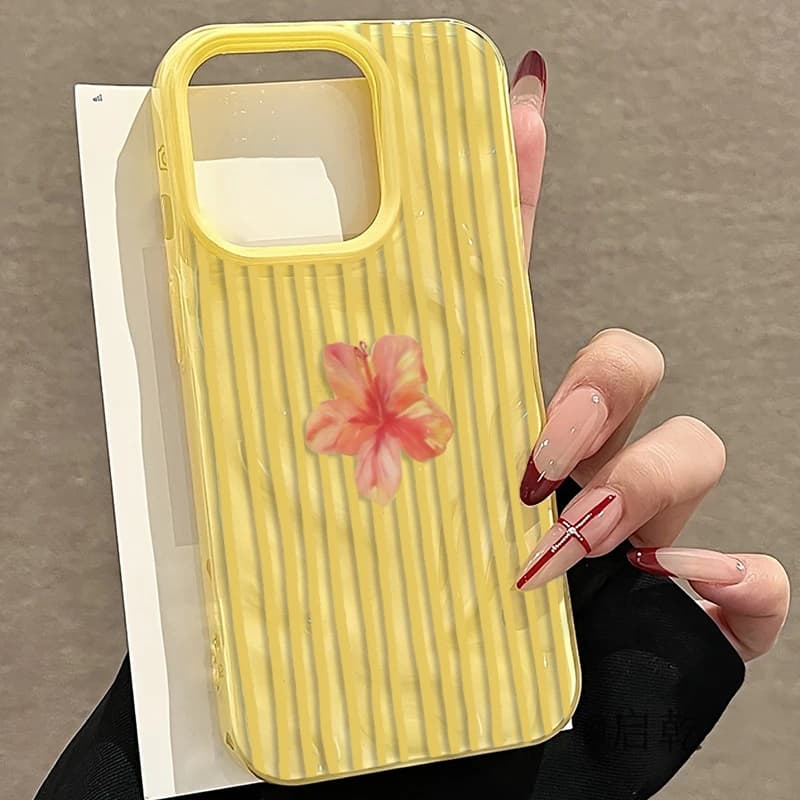 Yellow striped pink flower aesthetic phone case for IPhone 17 Pro 16 15 14 13 12 11 Pro Max Plus Cover in TPU with wrinkled texture in the air
