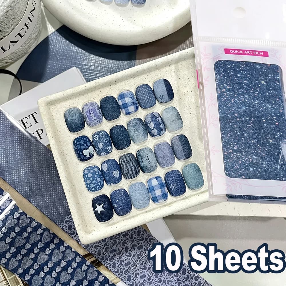 10sheets 3.8*20cm New Retro Denim Fabric Pattern Nail Art Transfer Foil Stickers Tie Dye Heart Bow French DIY Manicure Styling