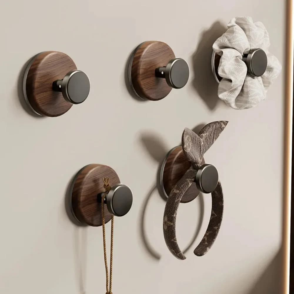 Gancio da Parete in Legno di Noce con Ventosa, Senza Foratura, per Asciugamani, Cucina, Bagno, Organizzazione Domestica