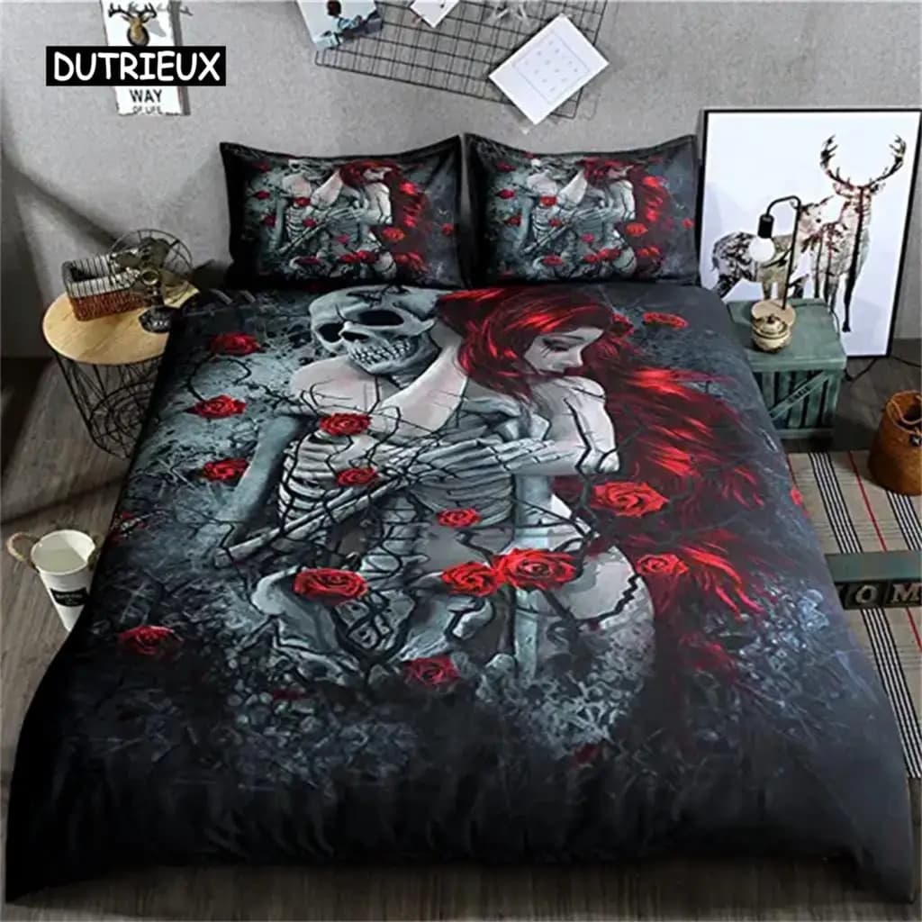 Set Copripiumino in Microfibra Morbida con Motivo Teschio e Rose, Regalo per Coppie, 'L'Amore Non Muore Mai', Decorazione alla Moda per Camera da Letto, San Valentino