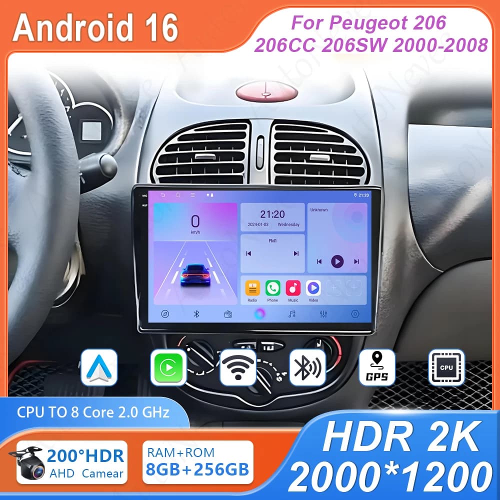 Per Peugeot 206 206CC 206SW 2000 - 2008 Schermo QLED Dash Cam Autoradio Stereo GPS Navigazione Senza Lettore Multimediale 2din 4G Wifi