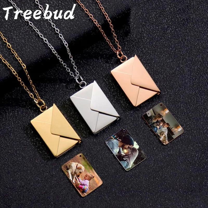 Treebud Custom Color Photo Envelope Necklace with Stainless Steel Laser Engraving Image Logo Text Family Friend Couple Baby Jewelry