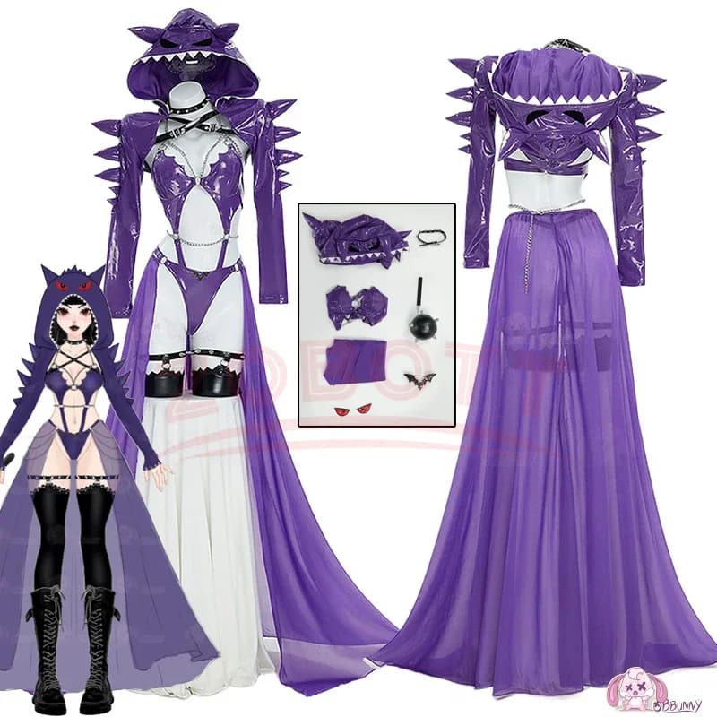 Anime Gengar Cosplay Ectoplasma Costume Pokemo Game Purple leather jumpsuit jacket necklace sock Halloween women sexy set