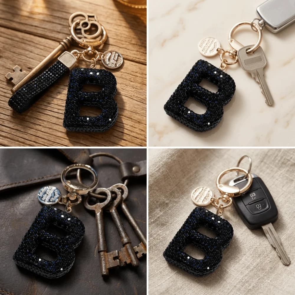 Portachiavi con Lettera Portafortuna, Ornamenti Lucidi, Ciondolo in Cristallo, Anello Portachiavi di Lusso, Accessorio da Uomo per Borsa