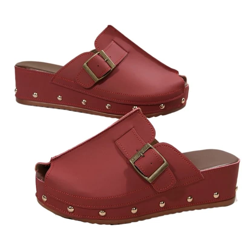 Nuove Ciabatte da Donna con Plateau, Punta Tonda, Rivetti e Fibbia Metallica, Antiscivolo e Resistenti all'Usura, Sandali Baotou