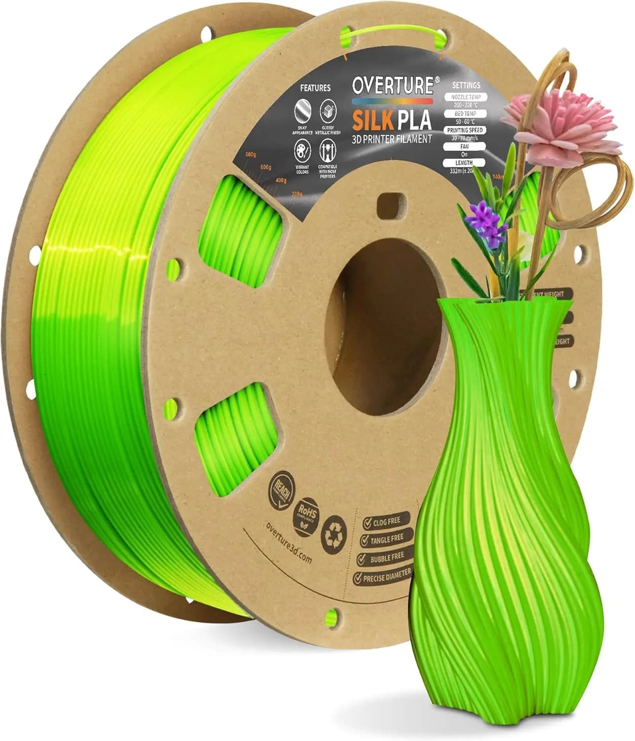 Filamento PLA Lucido Effetto Seta per Stampanti 3D, 1.75mm, Anti-intasamento, Verde Neon, Bobina da 1kg per la Maggior Parte delle Stampanti FDM