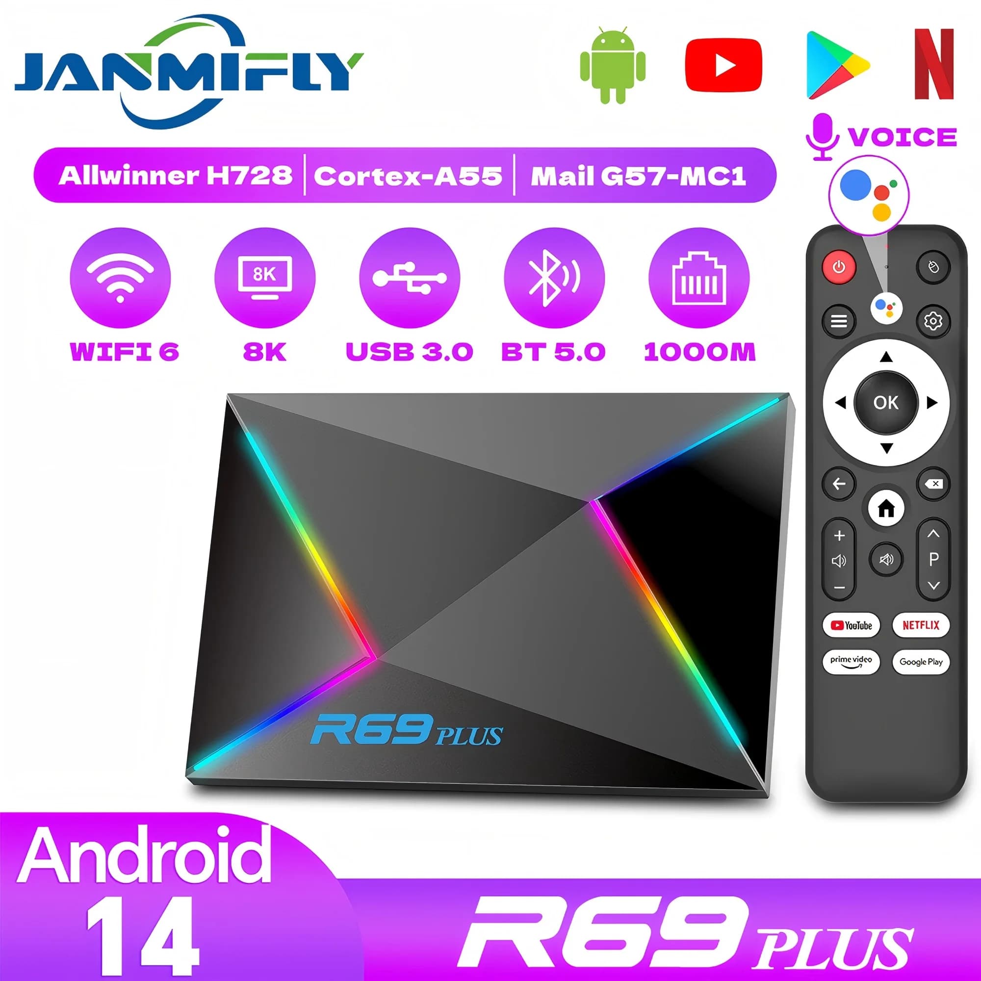 Nuovo Android 14.0 R69PLUS WIFI 6 Bluetooth 5.0 Allwinner H728 Octa-core ARM Cortex A55 TV Box Controllo vocale HD 8K Set Top Box