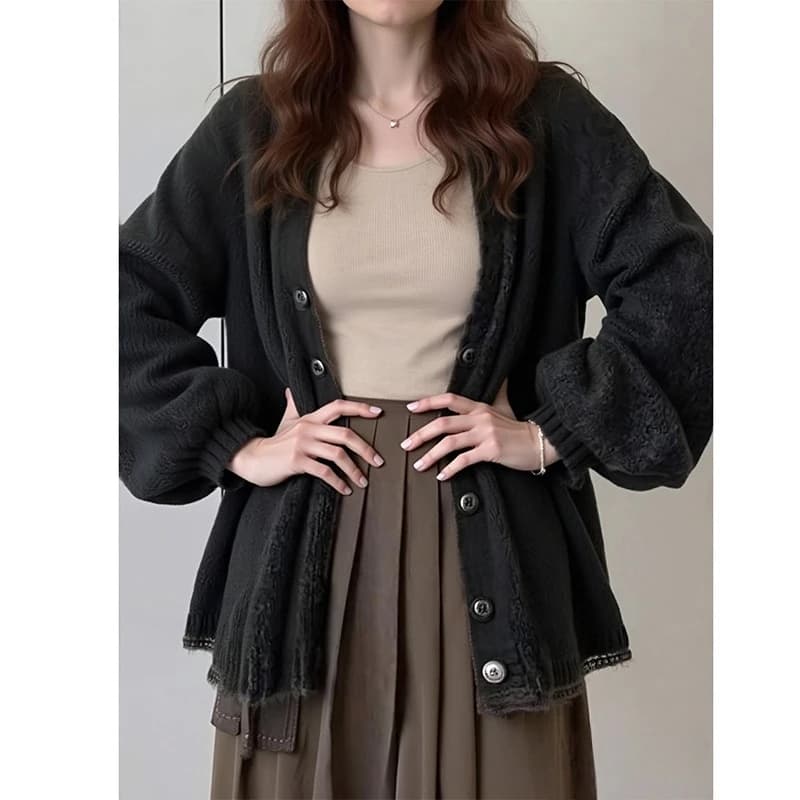 2025 Estate delle nuove donne cardigan lavorato a maglia casual a maniche lunghe giacca allentata versatile donna top dolce manica lanterna maglieria