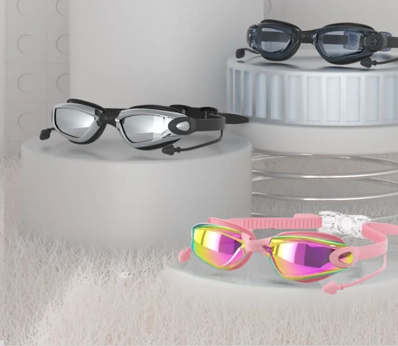 Professional dive glasses with galvanization for men and women, glasses with ear plugs all in one, HD swimming glasses enclosure and waterproof
