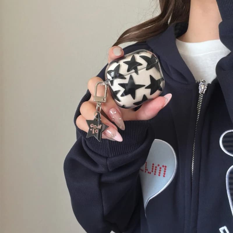 Custodia trasparente nera a forma di stella per auricolari + ciondolo a stella, compatibile con Apple AirPods Pro di seconda generazione
