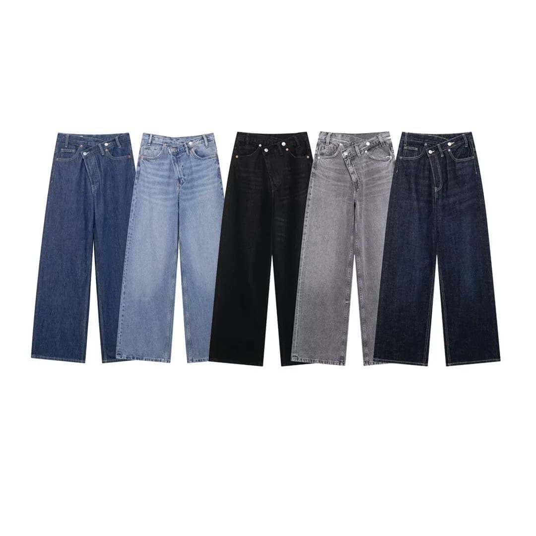 High Waist Wide Leg Double Front Zipper Women's Jeans Cross-Border Fashion Straight Cut Polyester Fabric Universal Fit