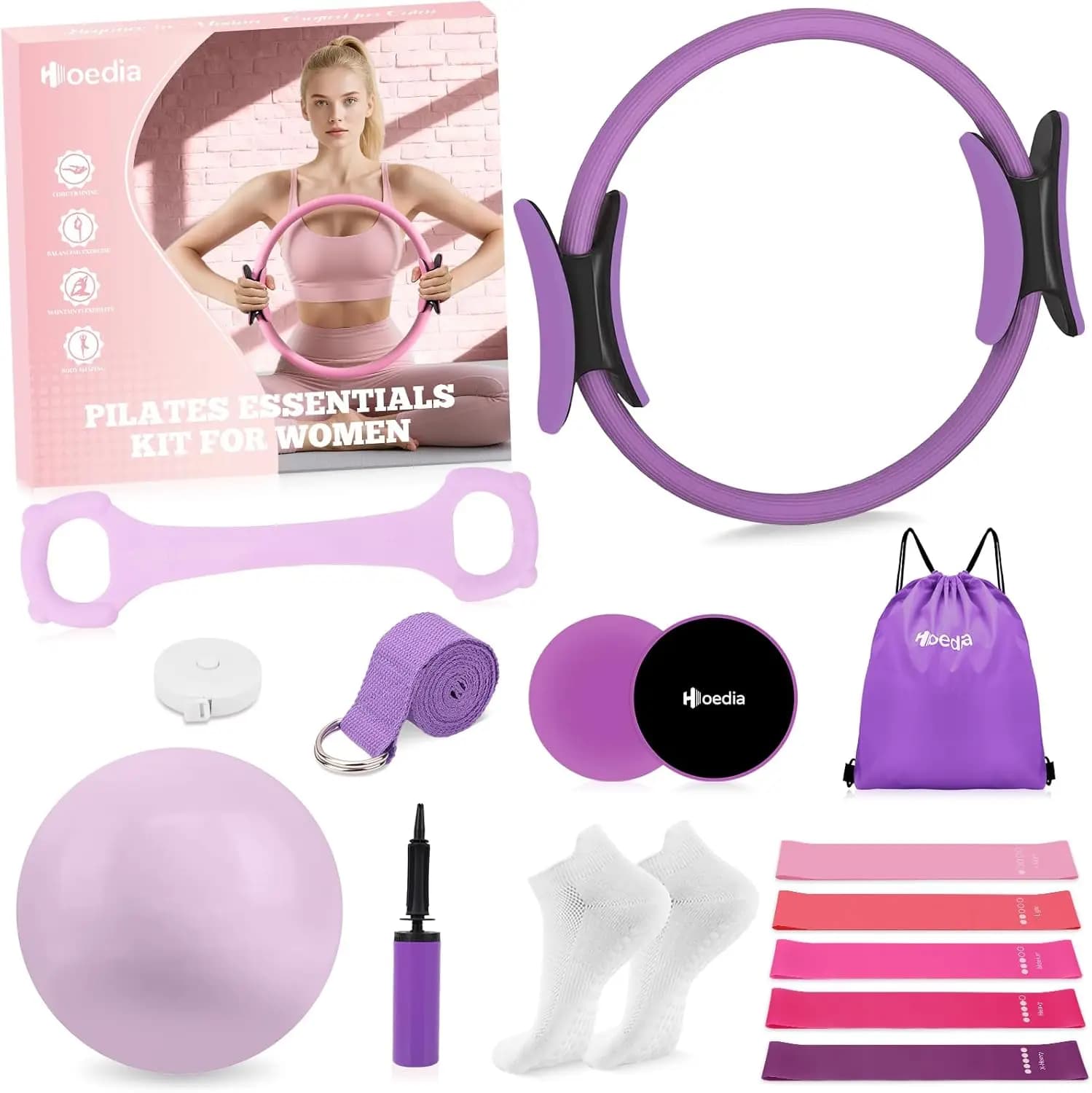 Kit Pilates 17 Pieces with Ring, Ball, Endurance, Yoga Strap, Core Sliders, Socks and Home Training Bag - Essential for Fitness