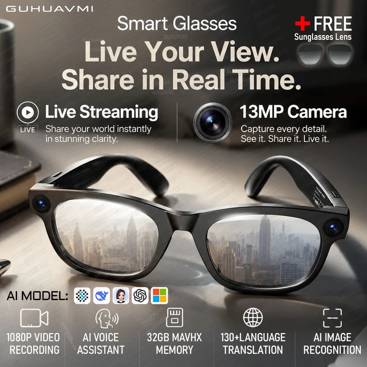 New Live Streaming Smart Glasses Men 13MP Camera Photo&Video Recording GML5.2 32GB Memory 130+Translation UV Protection Glasses