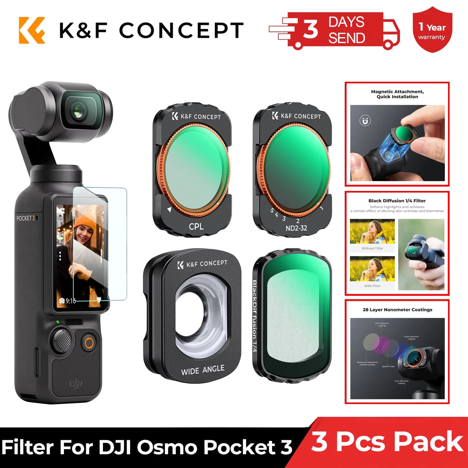 Filtri per Fotocamera Sportiva K&F CONCEPT per DJI Osmo Pocket 3, Lente Grandangolare e Set di 3 Filtri Effetto Regolabili 2 in 1 Opzionali