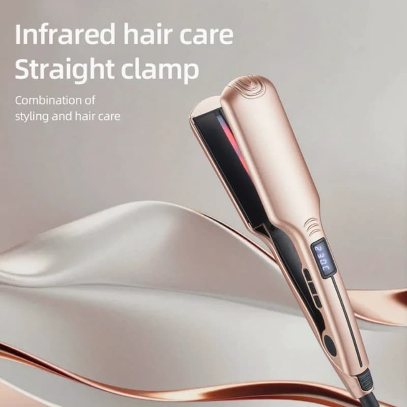 Flat and wide hair plate with LCD display, professional tool for smoothing and curling hair, double use for salon