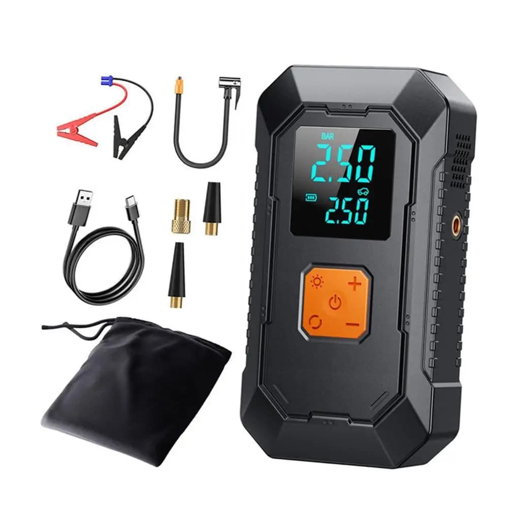 Avviatore d'Emergenza per Auto Multifunzione con Gonfiatore, Display LED Digitale, Torcia Portatile Senza Fili e Gonfiatore Pneumatici
