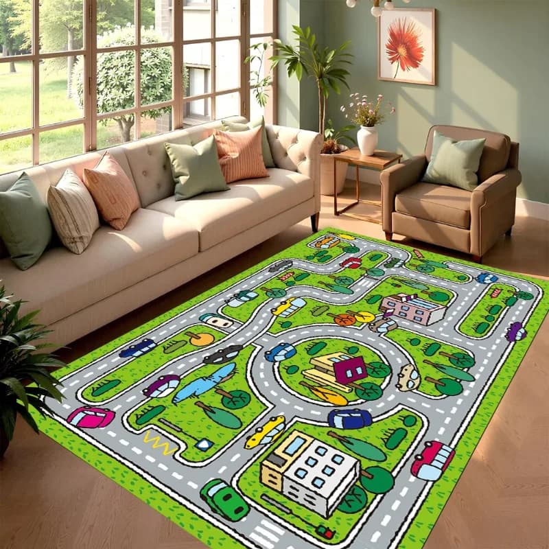 Cartoon City Road Area Tappeto Morbido antiscivolo Tappetino Auto Edifici Alberi Stampa Bambini Giocano Tappeto per camera da letto Soggiorno