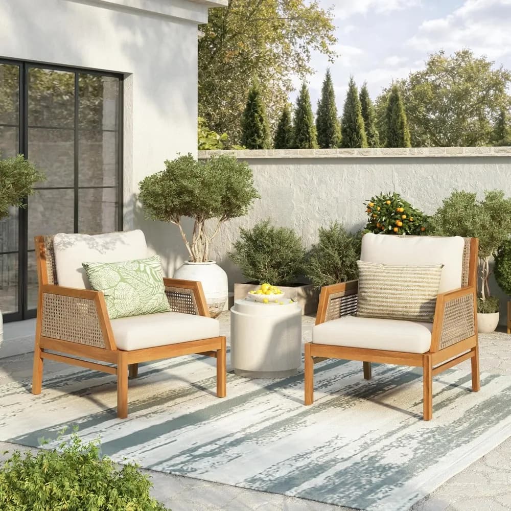 Set of 2 Bohemian Acacia Wood Patio Accent Chairs with Wicker Accent and Water-Repellent Cushions