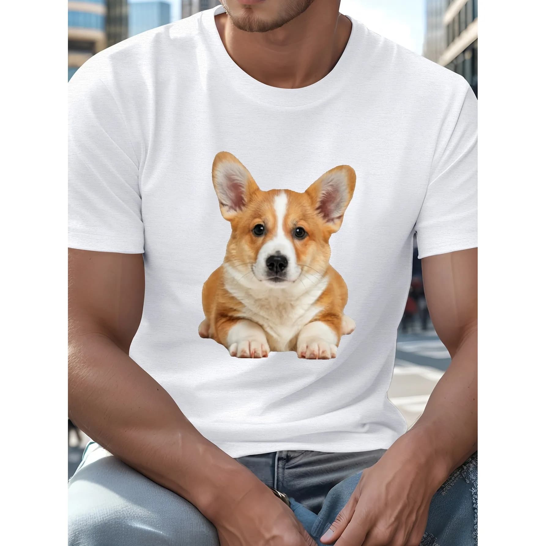 Cute Corgi Puppy Graphic Tee Men's Casual Round Neck Cotton T-Shirt Breathable Short Sleeve Top