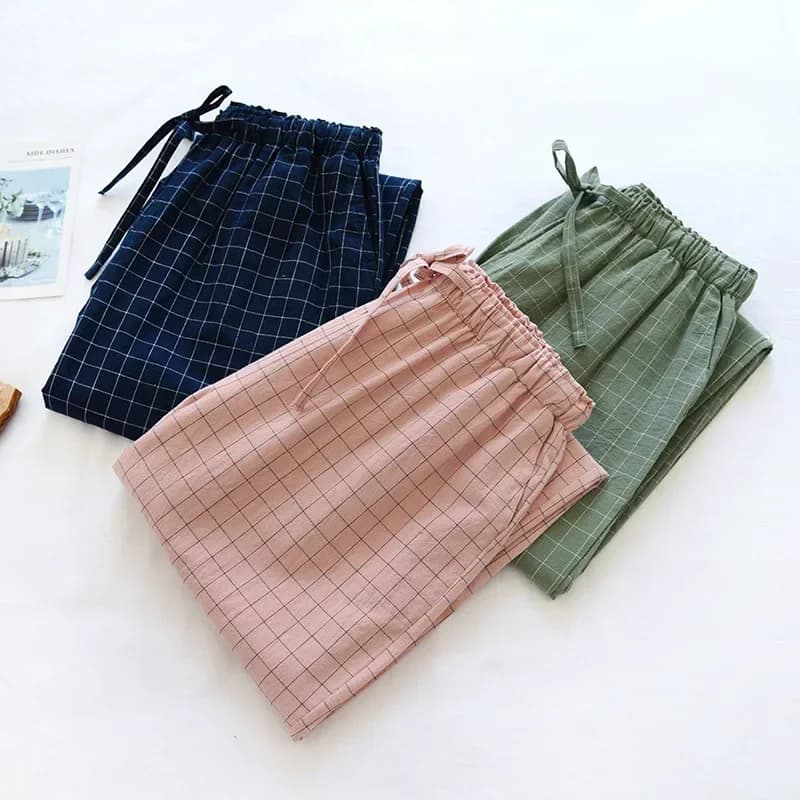 New Pajama Pants Women's Cotton Home Trousers Spring Autumn and Winter Plaid Trousers Elastic Waist Tie Girl Soft Sleeping Pants