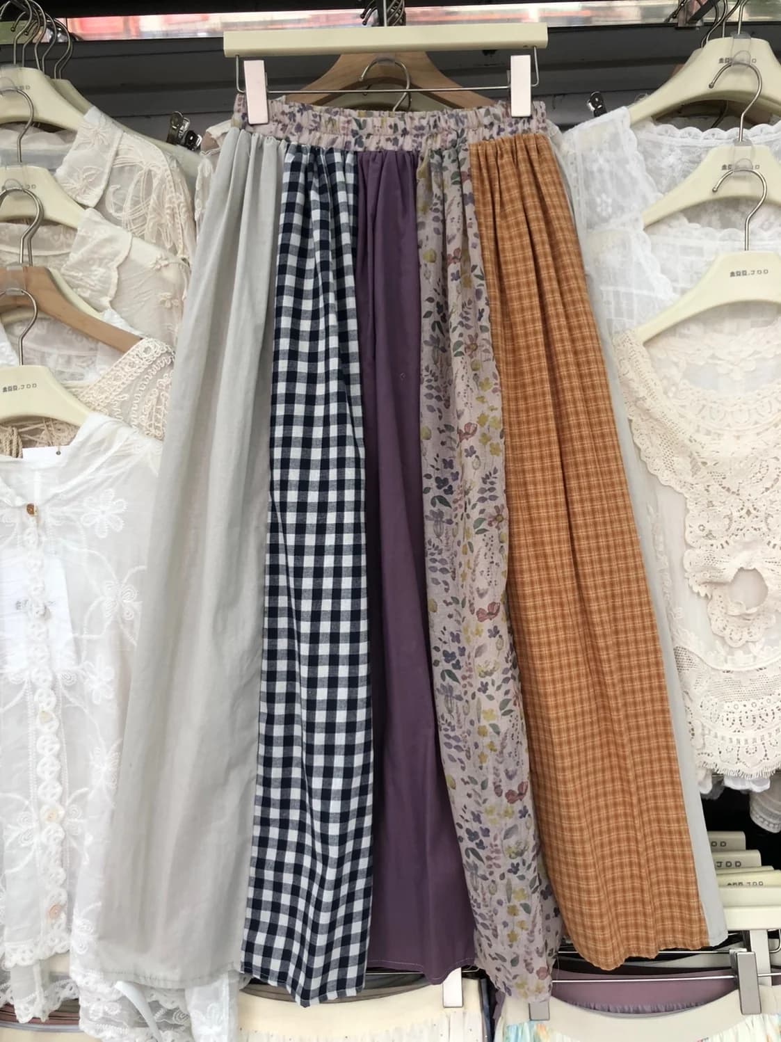 Classical Floral Plaid Splicing Half Skirt Elastic Waist A-Line Summer Midi Skirt for Women Sweet Style High Waist Hollow out