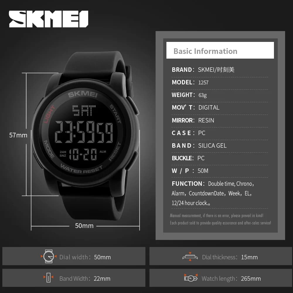 Orologio sportivo SKMEI 1257 da uomo e da donna con sveglia, impermeabile fino a 5 bar, orologio elettronico multifunzione digitale, reloj hombre